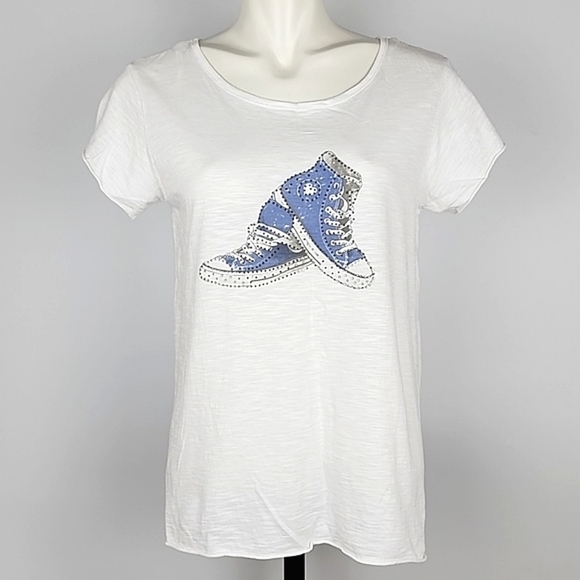 For The Republic Tops - For The Republic Women's White Tee Shirt High Top Blue Rhinestone Sneaker Size S